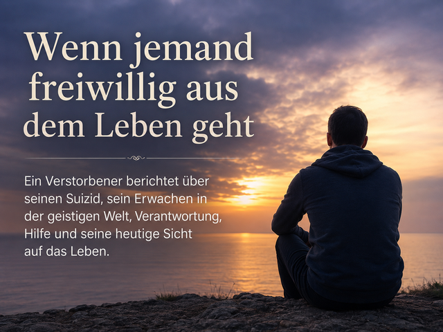 Ein Mann sitzt am Ufer und blickt bei Sonnenuntergang über das Wasser, Symbolbild für eine mediale Kommunikation über Suizid und das Leben nach dem Tod.