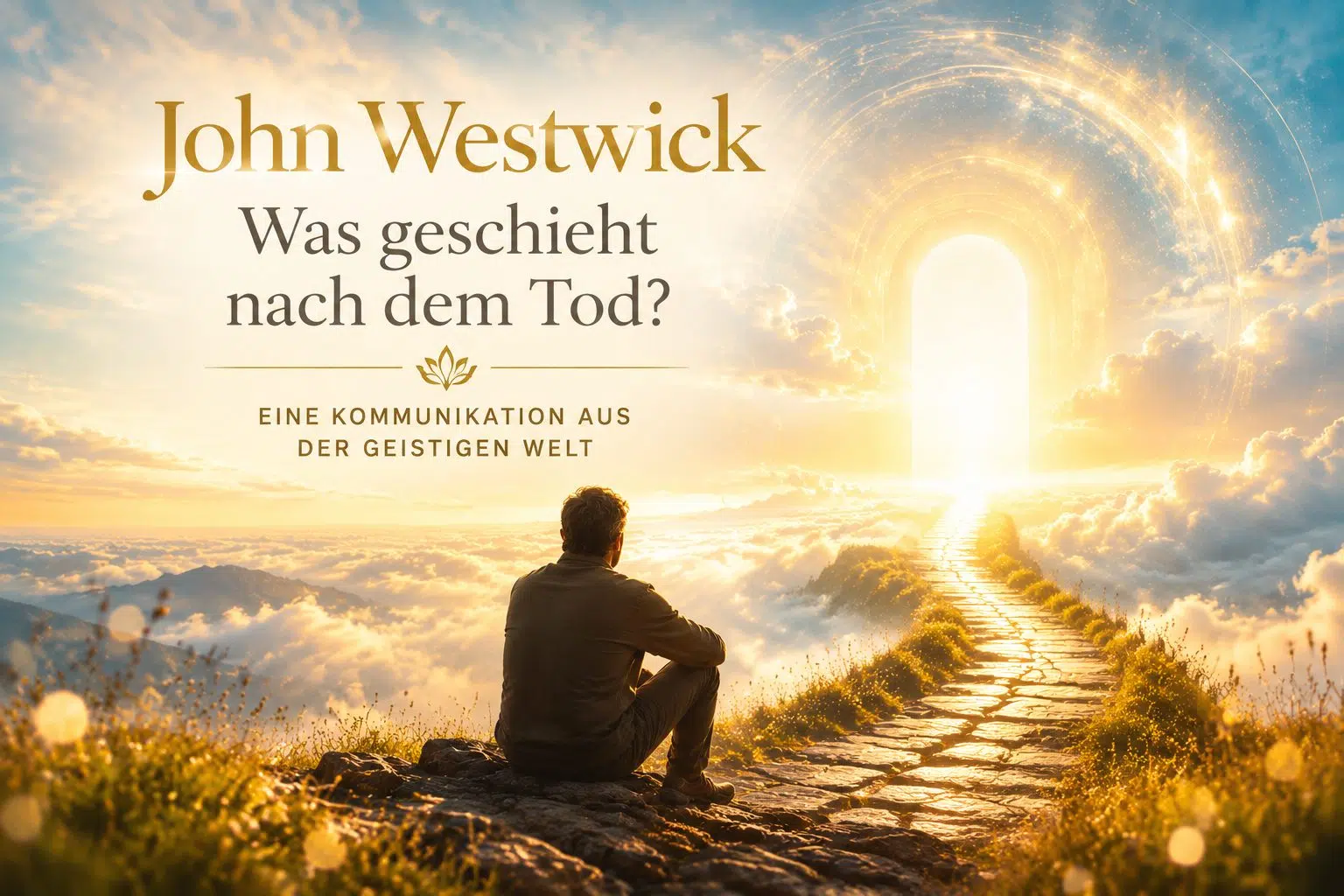 Mann betrachtet einen leuchtenden Weg zu einem Lichttor über den Wolken als Symbol für die Frage nach dem Leben nach dem Tod und die geistige Welt.