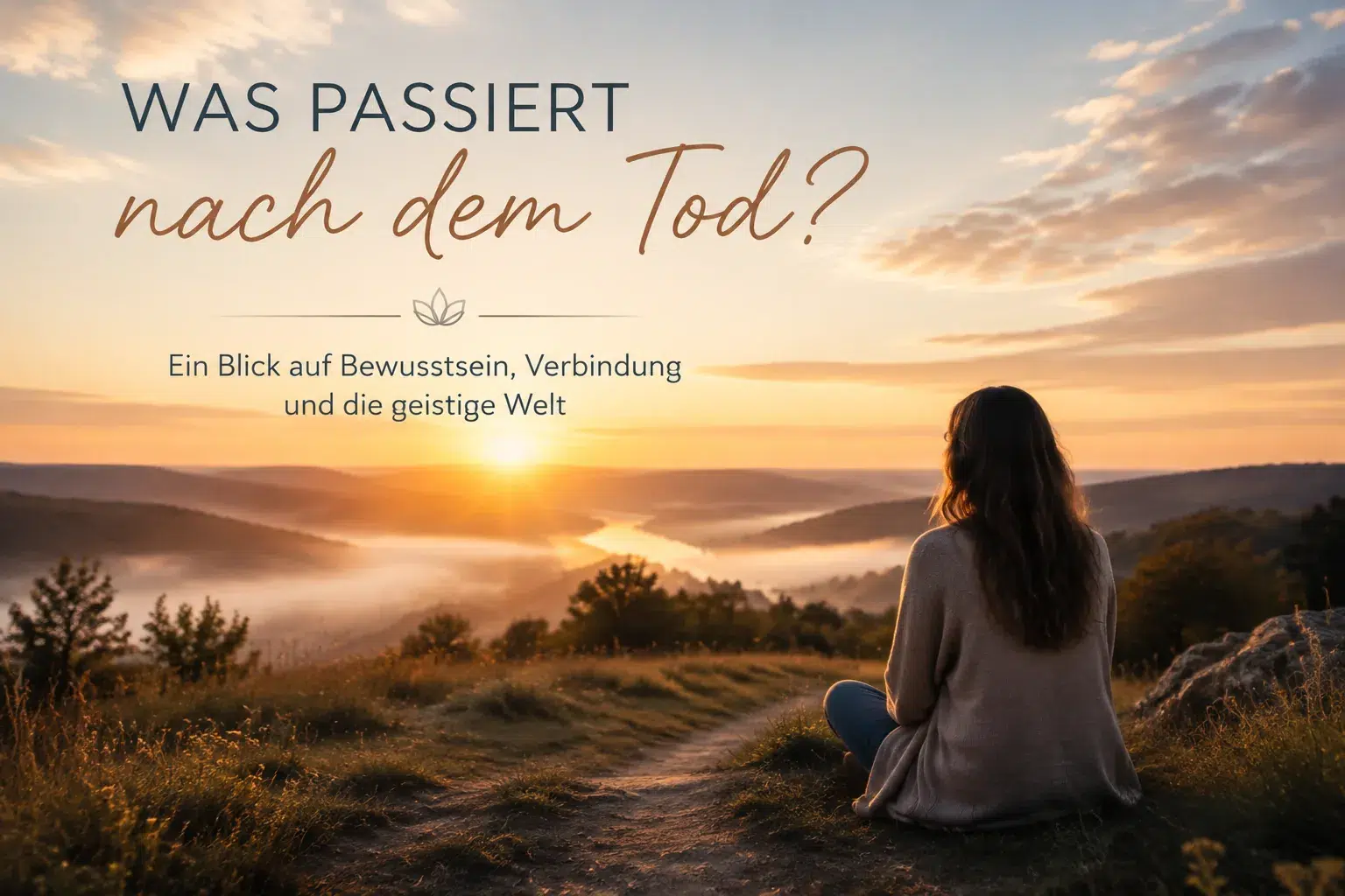 Person betrachtet eine weite Landschaft im Sonnenlicht als Symbol für Bewusstsein, Verbindung und die Frage nach dem Leben nach dem Tod
