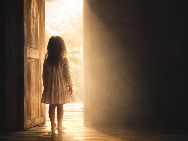 Kind an einer geöffneten Tür zwischen Schatten und Licht