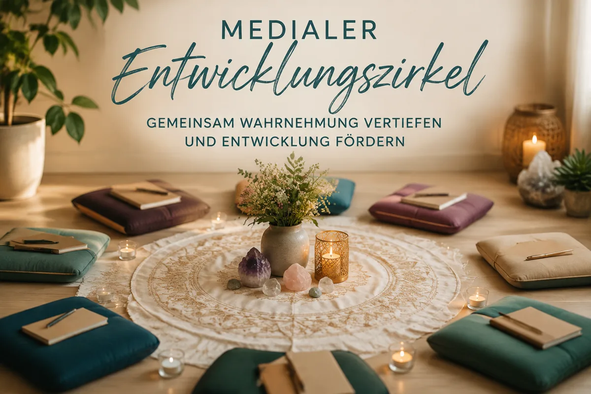 Medialer Entwicklungszirkel mit Sitzkreis und Meditationsbereich als Symbol für gemeinsame mediale Entwicklung und bewusste Wahrnehmung