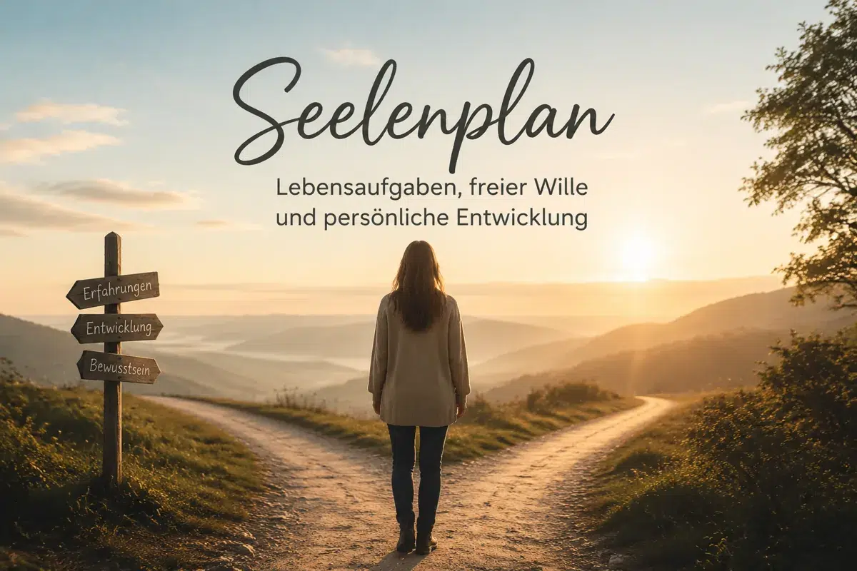 Frau steht an einer Weggabelung in einer Landschaft als Symbol für Seelenplan, Lebensentscheidungen und persönliche Entwicklung