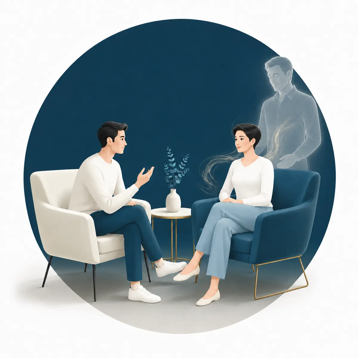 Mediale Beratung mit Aset – Gespräch mit Spirit Guide Illustration eines Gesprächs zwischen zwei Personen mit einem männlichen Spirit Guide im Hintergrund.
