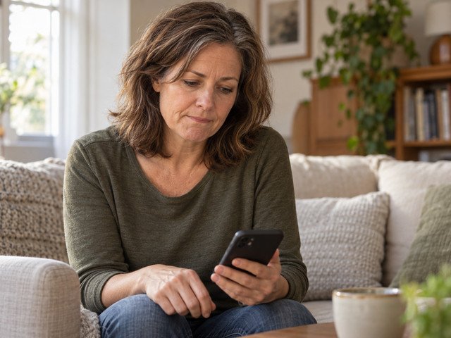 alte-muster-zurueckfallen Frau schaut nachdenklich auf ihr Smartphone, nachdem sie in ein altes Verhaltensmuster zurückgefallen ist