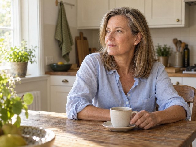 kopf-oder-bauch-entscheidung Frau Mitte 50 denkt bei einer Tasse Kaffee über eine schwierige Entscheidung nach